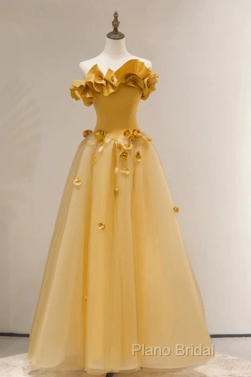 Modest A Line Strapless Yellow Tulle Long Formal Prom Dresses Party Dresses