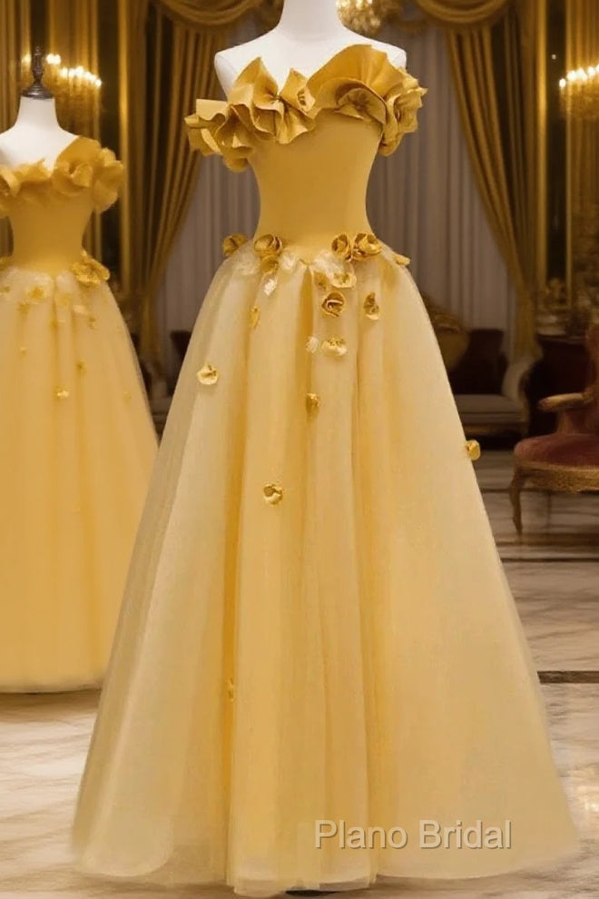 Modest A Line Strapless Yellow Tulle Long Formal Prom Dresses Party Dresses Main image