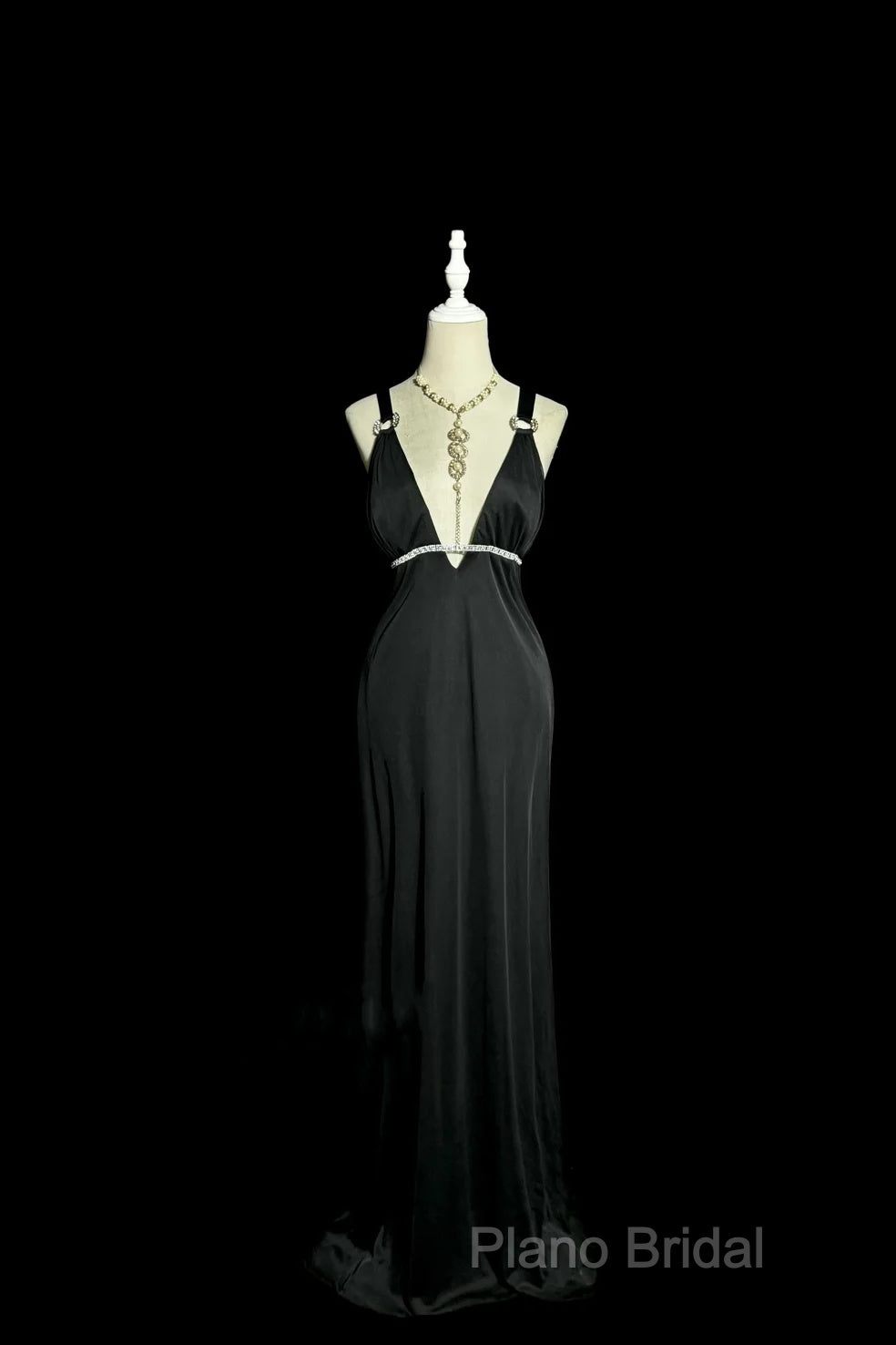 Modest A Line Straps Black Satin Long Formal Prom Dresses Party Dresses Secondary image