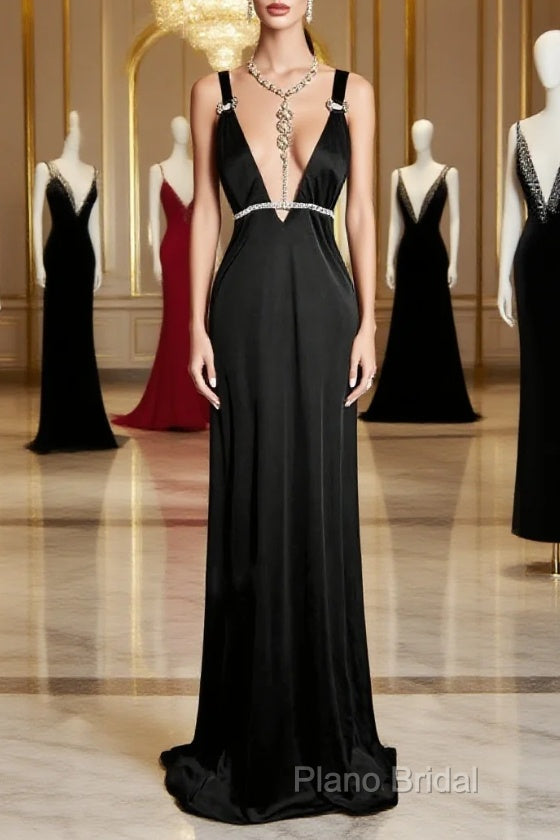 Modest A Line Straps Black Satin Long Formal Prom Dresses Party Dresses Main image