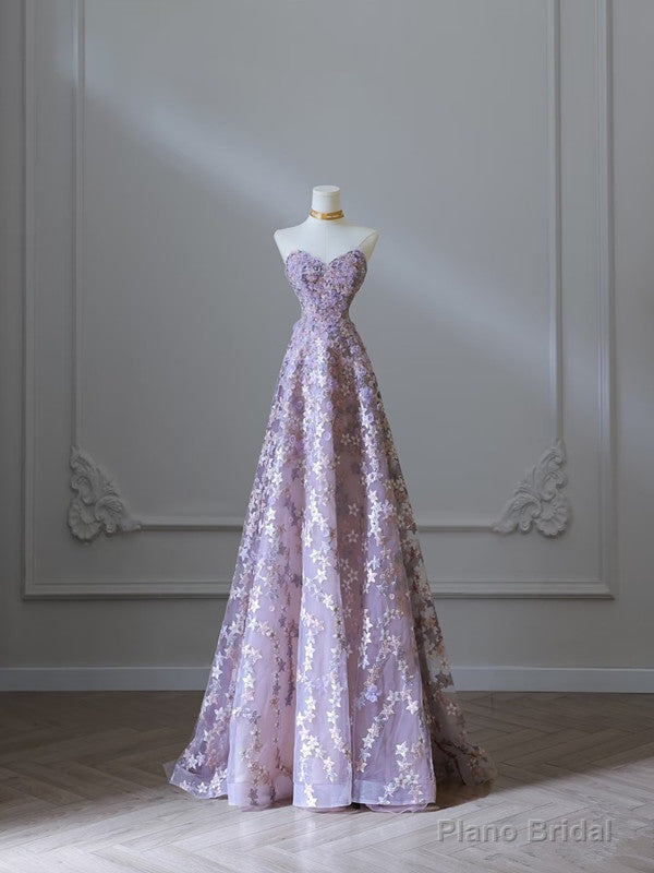 Modest A Line Sweetheart Lilac Lace Tulle Flowers Evening Dress Prom Dresses Main image