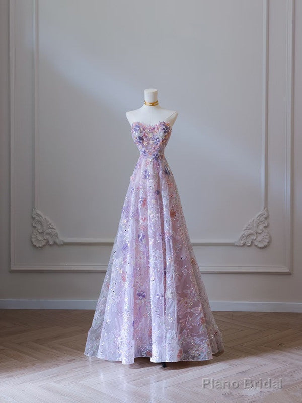 Modest A Line Sweetheart Lilac Tulle Sequin Flowers Evening Dress Prom Dresses Main image