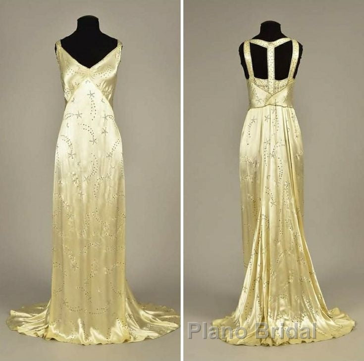 Modest A Line V Neckline Yellow Satin Beads Long Party Dresses Formal Prom Dresses Secondary image