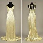 Modest A Line V Neckline Yellow Satin Beads Long Party Dresses Formal Prom Dresses