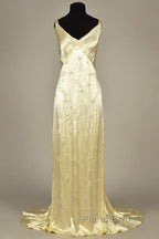 Modest A Line V Neckline Yellow Satin Beads Long Party Dresses Formal Prom Dresses