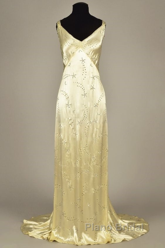 Modest A Line V Neckline Yellow Satin Beads Long Party Dresses Formal Prom Dresses
