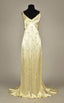 Modest A Line V Neckline Yellow Satin Beads Long Party Dresses Formal Prom Dresses