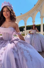 Modest Ball Gown Off The Shoulder Lilac Lace Tulle Long Quinceanera Dresses Formal Gowns Vestido De 15 Anos Sweet 16 Dresses