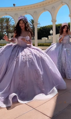 Modest Ball Gown Off The Shoulder Lilac Lace Tulle Long Quinceanera Dresses Formal Gowns Vestido De 15 Anos Sweet 16 Dresses