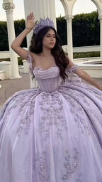 Modest Ball Gown Off The Shoulder Lilac Lace Tulle Long Quinceanera Dresses Formal Gowns Vestido De 15 Anos Sweet 16 Dresses