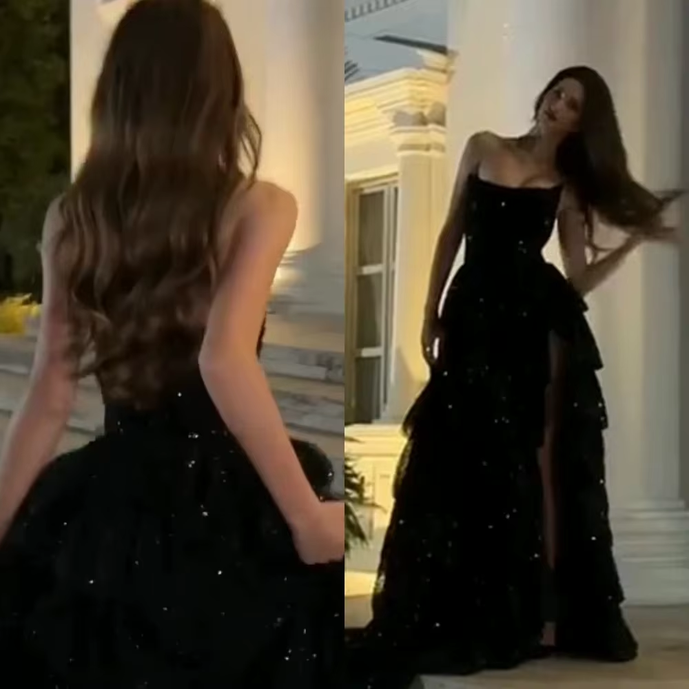 Modest Ball Gown Strapless Black Sequin Floor Length Slit Formal Prom Dresses Formal Evening Gowns Secondary image
