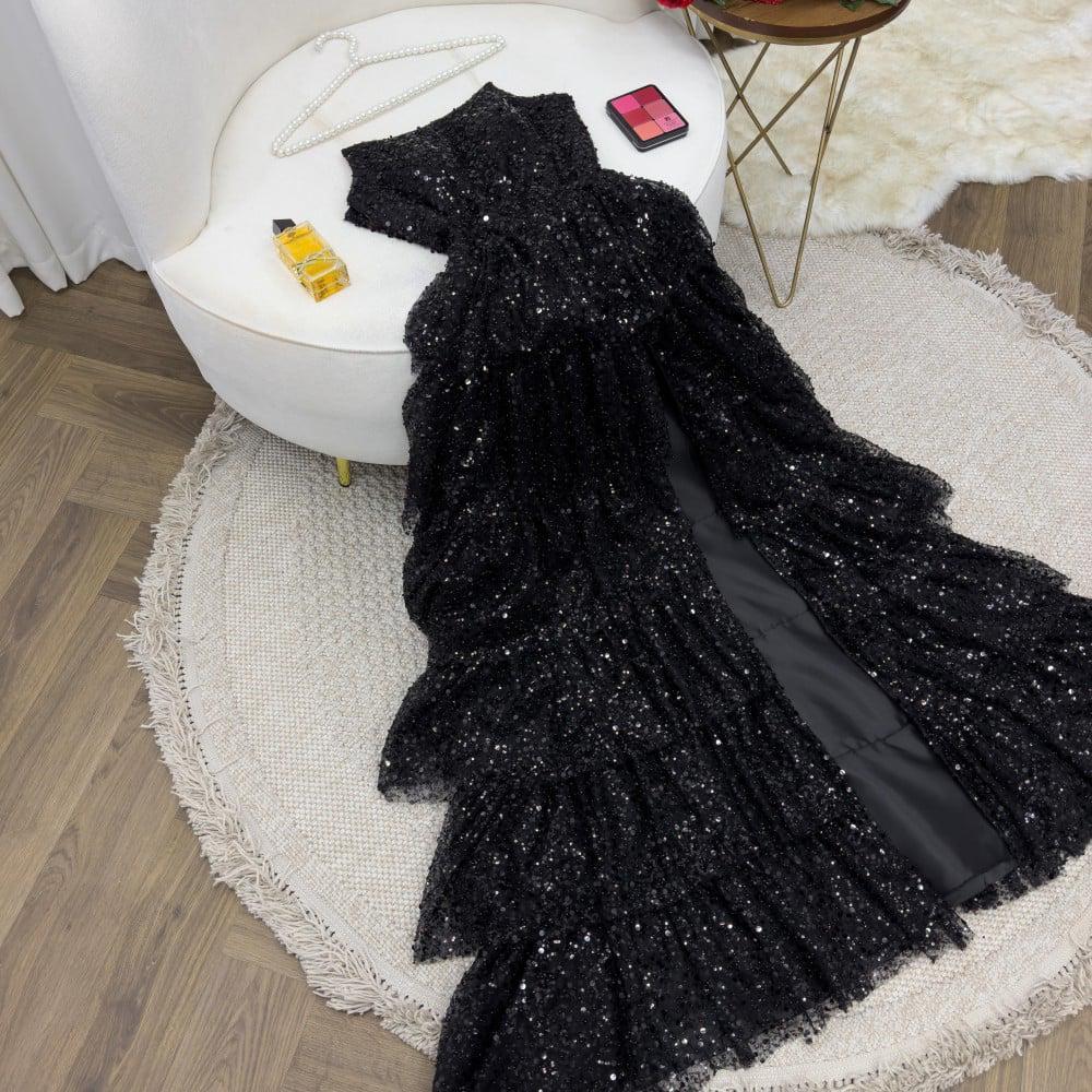 Modest Ball Gown Strapless Black Sequin Floor Length Slit Formal Prom Dresses Formal Evening Gowns