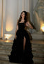 Modest Ball Gown Strapless Black Sequin Floor Length Slit Formal Prom Dresses Formal Evening Gowns