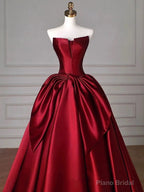 Modest Ball Gown Strapless Burgundy Satin Floor Length Evening Dress Prom Dresses
