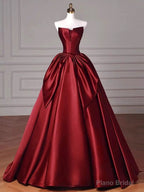 Modest Ball Gown Strapless Burgundy Satin Floor Length Evening Dress Prom Dresses