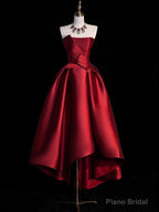 Modest Ball Gown Strapless Burgundy Satin High Low Evening Dress Prom Dresses