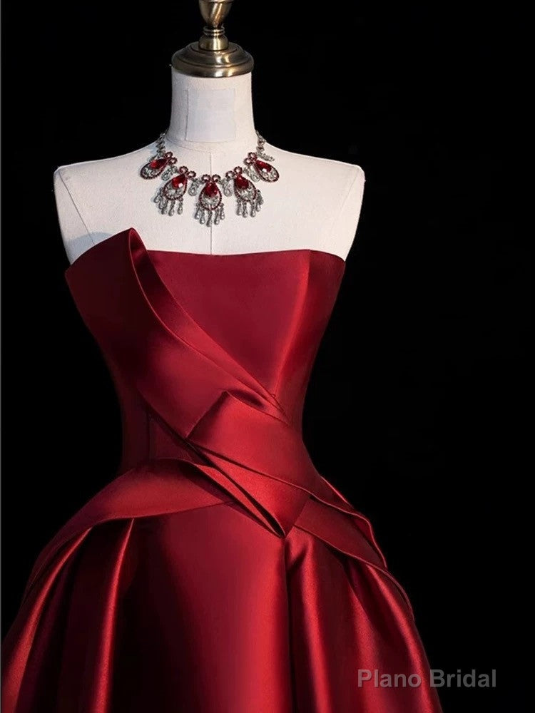 Modest Ball Gown Strapless Burgundy Satin High Low Evening Dress Prom Dresses