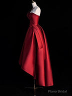Modest Ball Gown Strapless Burgundy Satin High Low Evening Dress Prom Dresses