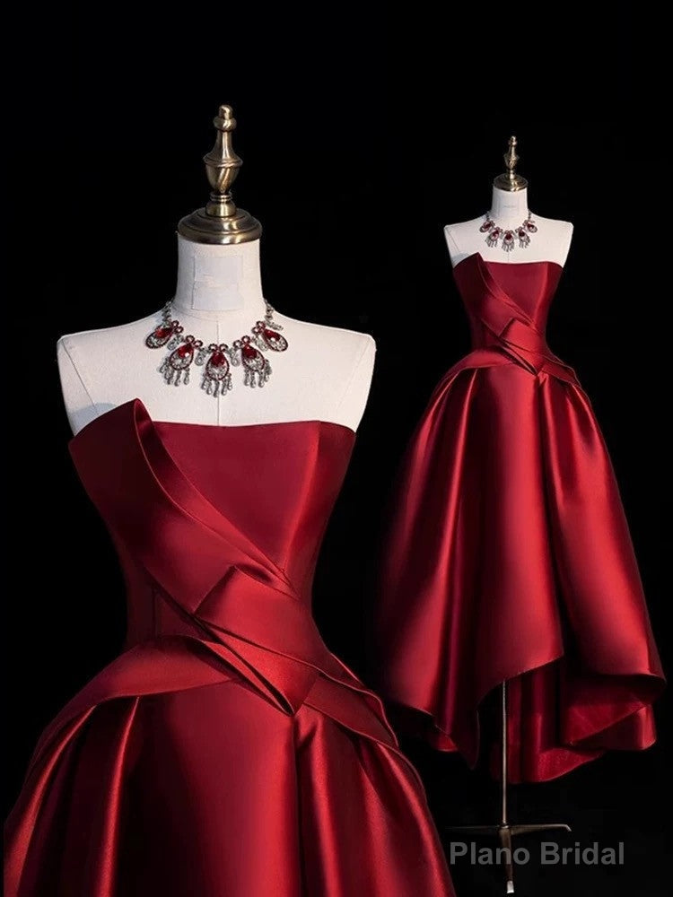 Modest Ball Gown Strapless Burgundy Satin High Low Evening Dress Prom Dresses Main image