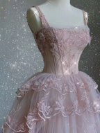 Modest Ball Gown Straps Pink Tulle Formal Prom Dresses 22Th Birthday Outfit