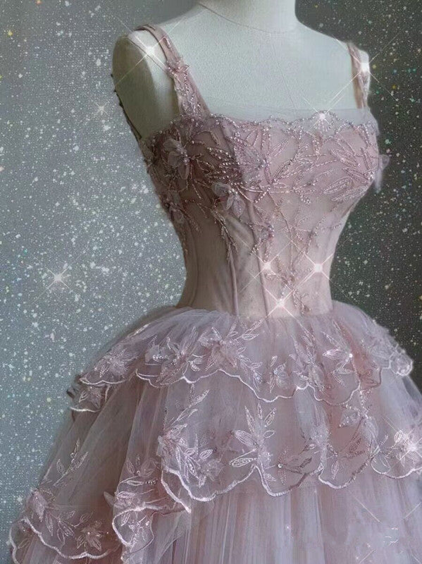 Modest Ball Gown Straps Pink Tulle Formal Prom Dresses 22Th Birthday Outfit