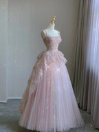 Modest Ball Gown Straps Pink Tulle Formal Prom Dresses 22Th Birthday Outfit