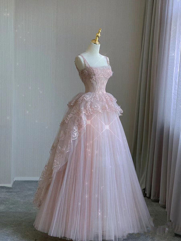 Modest Ball Gown Straps Pink Tulle Formal Prom Dresses 22Th Birthday Outfit