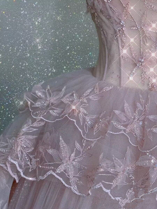 Modest Ball Gown Straps Pink Tulle Formal Prom Dresses 22Th Birthday Outfit