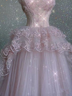 Modest Ball Gown Straps Pink Tulle Formal Prom Dresses 22Th Birthday Outfit