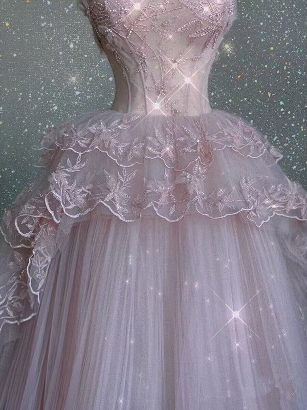 Modest Ball Gown Straps Pink Tulle Formal Prom Dresses 22Th Birthday Outfit