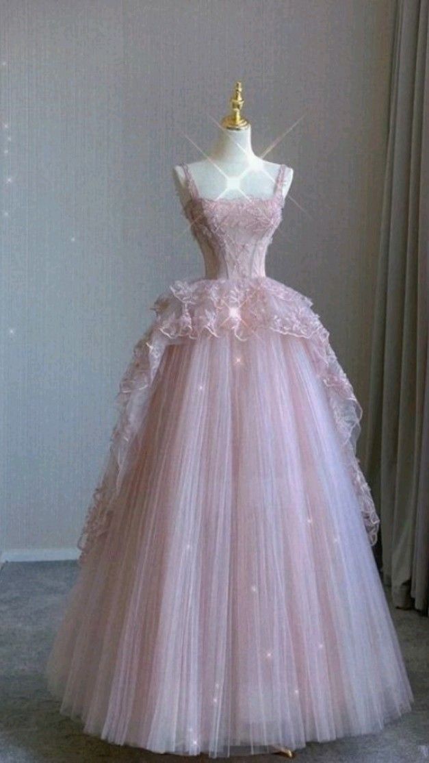 Modest Ball Gown Straps Pink Tulle Formal Prom Dresses 22Th Birthday Outfit
