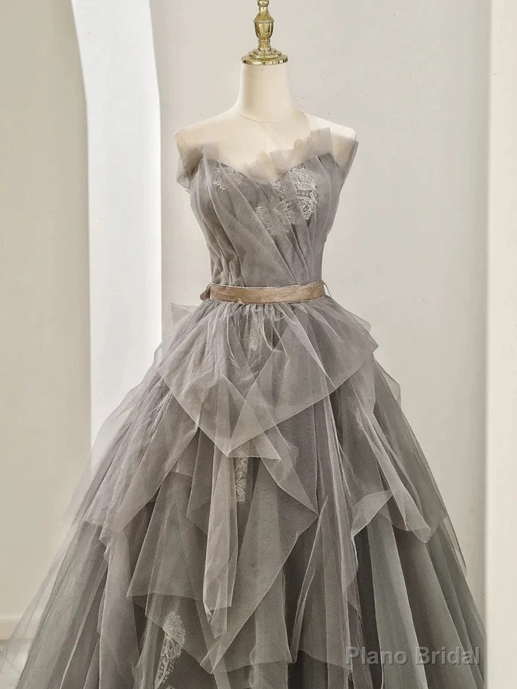 Modest Ball Gown Sweetheart Tulle Floor Length Evening Dress Gray Prom Dresses Secondary image