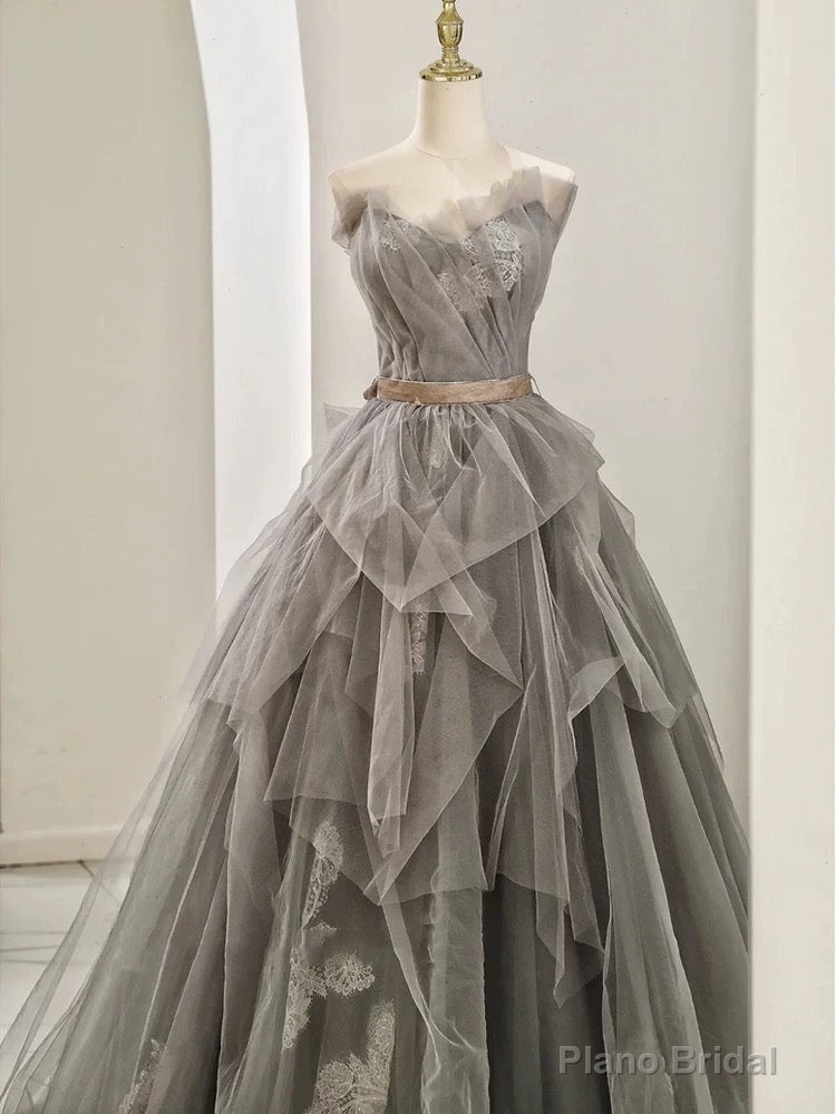 Modest Ball Gown Sweetheart Tulle Floor Length Evening Dress Gray Prom Dresses Main image