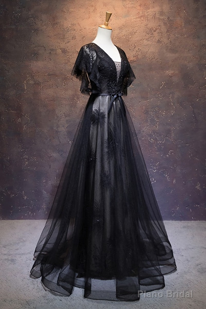 Modest Black Long A-line V-neck Black Prom Dresses Chic Party Dress Main image