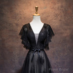 Modest Black Long A-line V-neck Black Prom Dresses Chic Party Dress