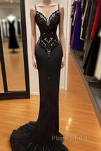 Modest Black Spaghetti Strap Mermaid Satin Formal Prom Dresses Long Formal Prom Dresses