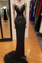 Modest Black Spaghetti Strap Mermaid Satin Formal Prom Dresses Long Formal Prom Dresses