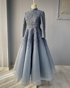 modest blue Formal Prom Dresses lace emroidery evening Dresses