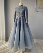 Modest Blue Formal Prom Dresses Lace Emroidery Formal Evening Dresses