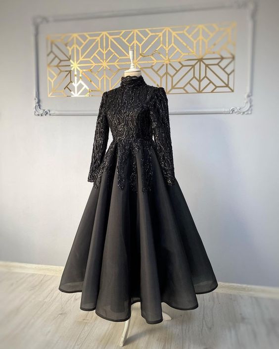 Modest Blue Formal Prom Dresses Lace Emroidery Formal Evening Dresses
