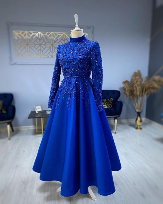 Modest Blue Formal Prom Dresses Lace Emroidery Formal Evening Dresses Main image