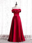Modest Burgundy Satin Off the Shoulder Pearls Prom Dress