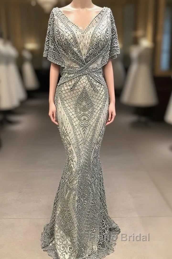 Modest Evening Dresses Long Gray Lace Appliqu篓娄 Beaded Elegant Mermaid Formal Prom Dresses Main image