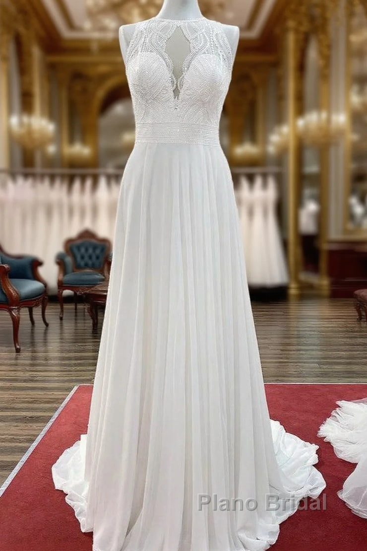 Modest Long A-line Chiffon Jewel Appliques Open Back Wedding Dress Main image