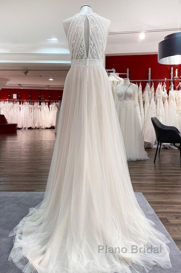Modest Long A-line Halter Tulle Lace Backless Wedding Dresses Main image