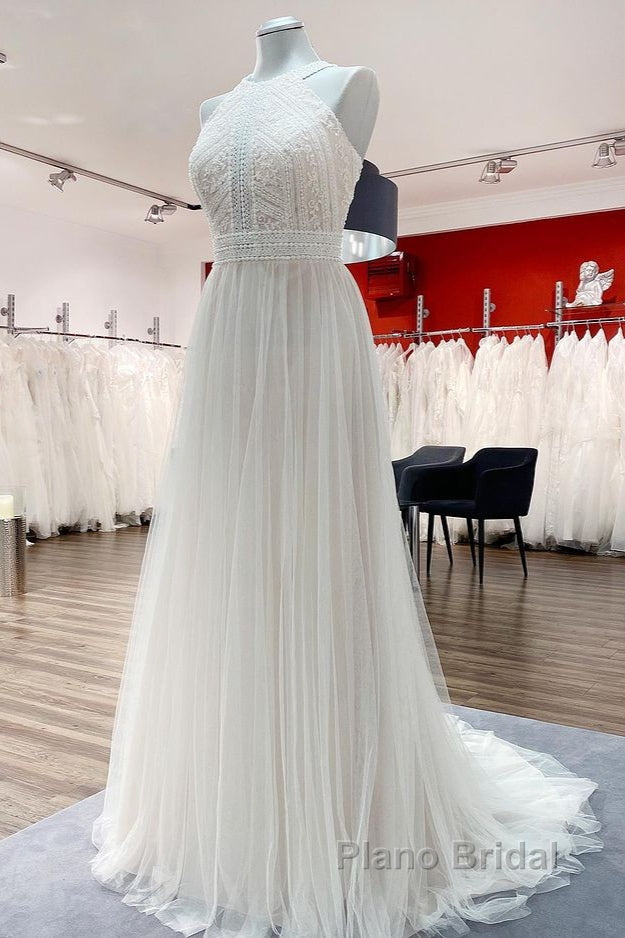 Modest Long A-line Halter Tulle Lace Backless Wedding Dresses Secondary image