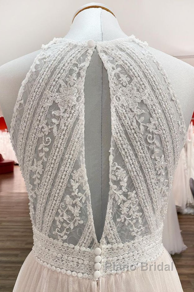 Modest Long A-line Halter Tulle Lace Backless Wedding Dresses