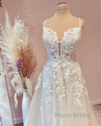 Modest Long A-line Spaghetti Straps Tulle Wedding Dress with Appliques Lace