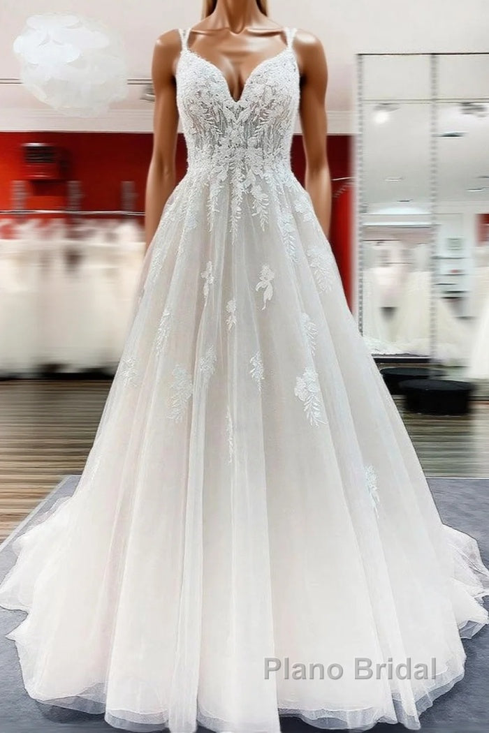 Modest Long Princess V-neck Tulle Spaghetti Straps Wedding Dress with Lace Main image