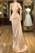 Modest Long Sleeves Ruched Mermaid Formal Prom Dresses With Cool Shoudler